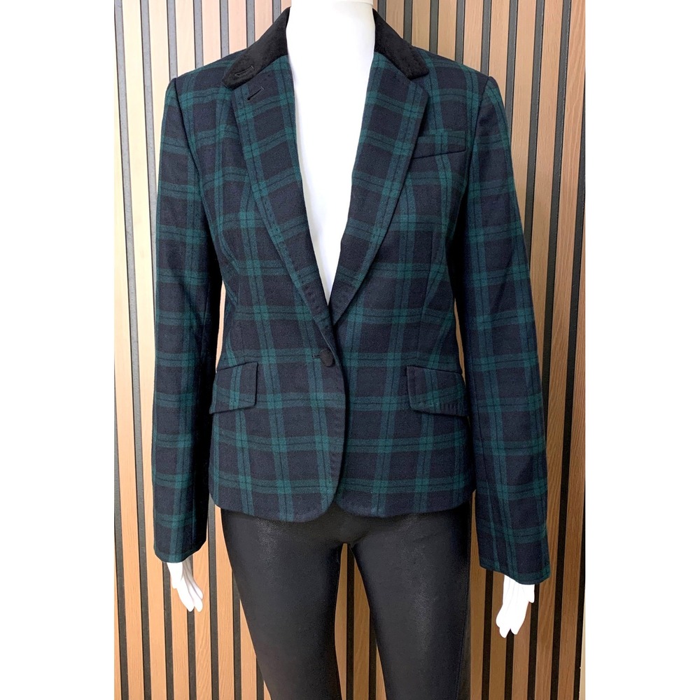 Talbots Women's Green Navy Black Watch Plaid Blazer Velvet Collar Jacket Size 4